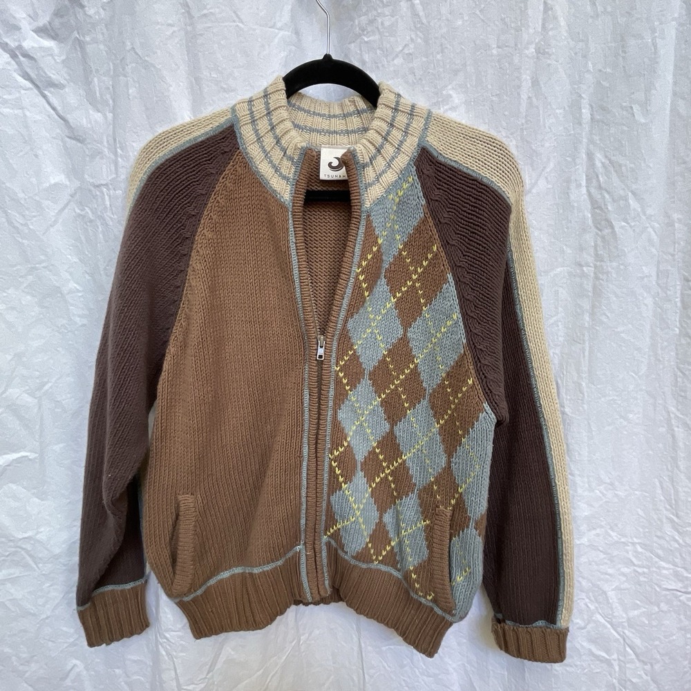 Vtg Tsunami Sweater Mens Med Full Zip Brown Tan Blue Grandpa
